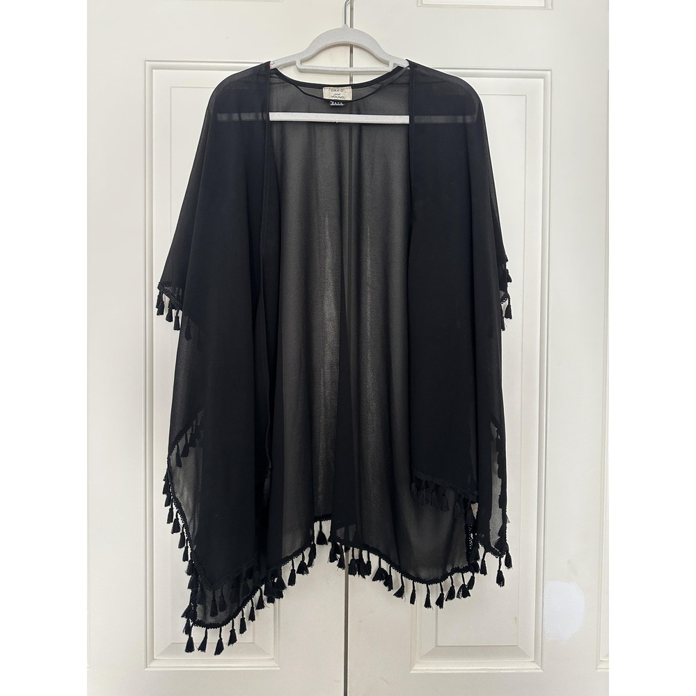 David And Young Kimono Poncho Womens One Size Black Tassel Fringe Boho Beach